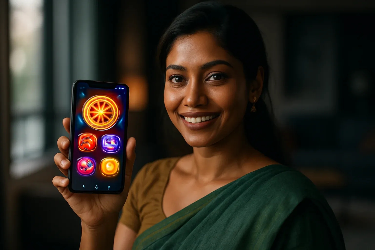 Young Bangladeshi woman holding glowing smartphone with abstract casino app UI