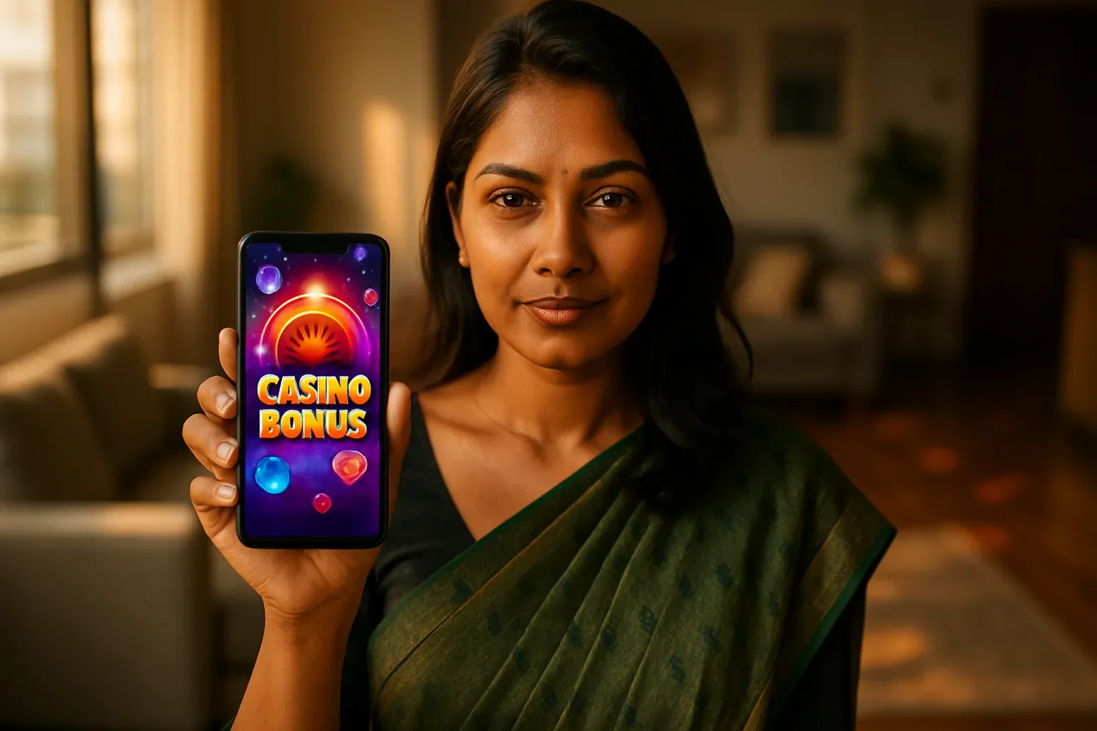 Bangladeshi woman holding glowing smartphone showing colorful casino bonus interface