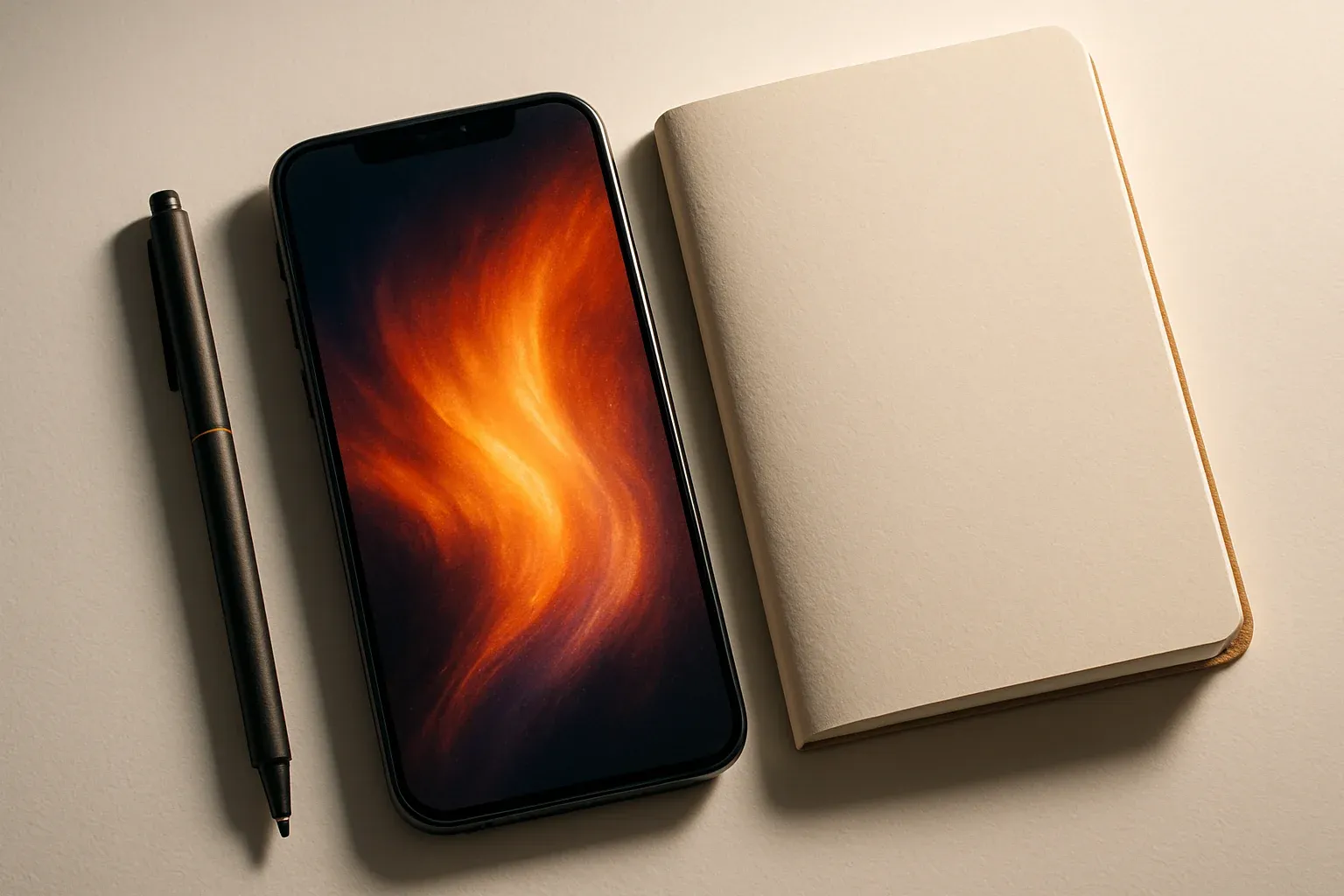 Smartphone beside pen and open blank notebook on white desk
