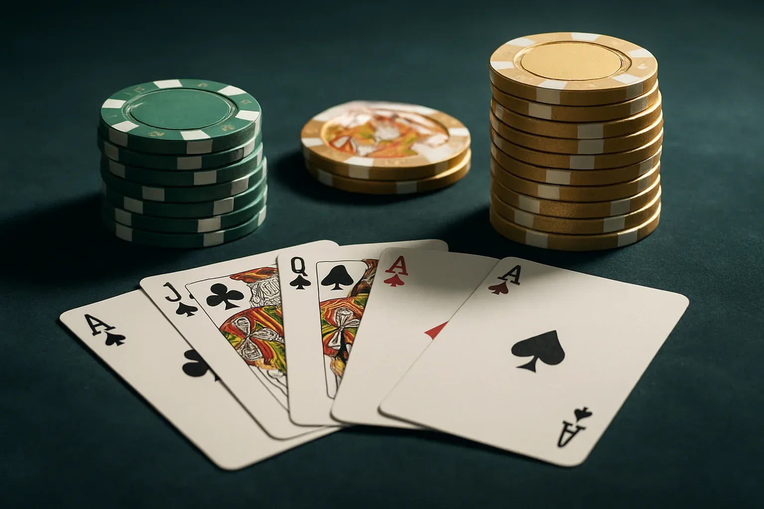 Hyperrealistic casino chips and playing cards on dark velvet under spotlight