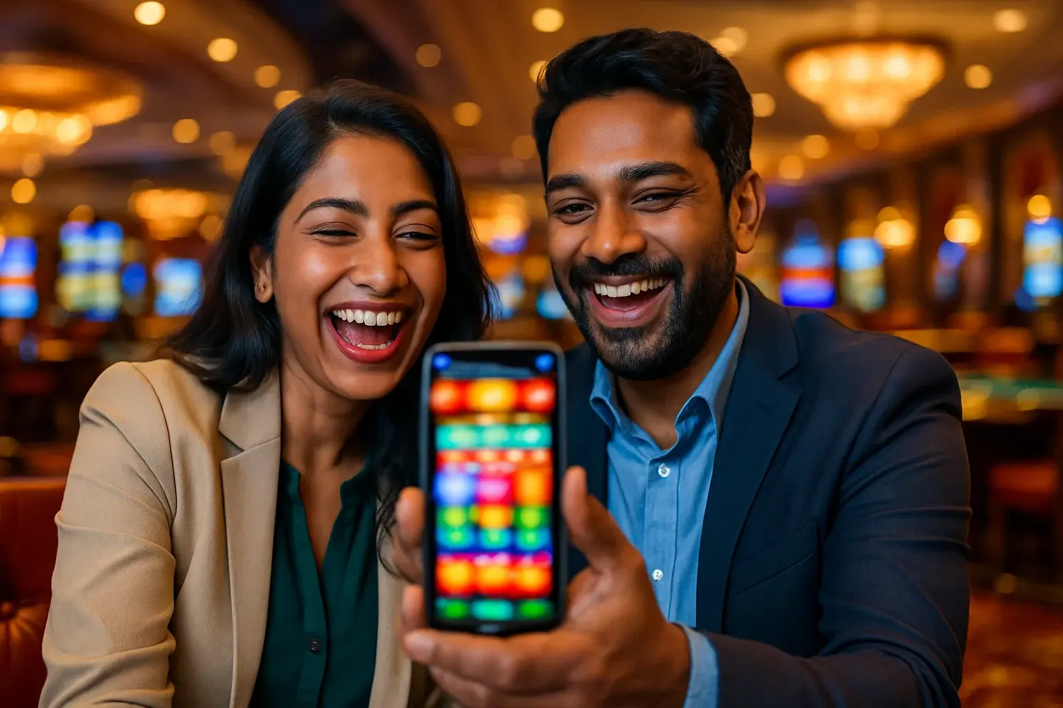Smiling Bangladeshi couple sharing smartphone in bright casino lounge, laughing