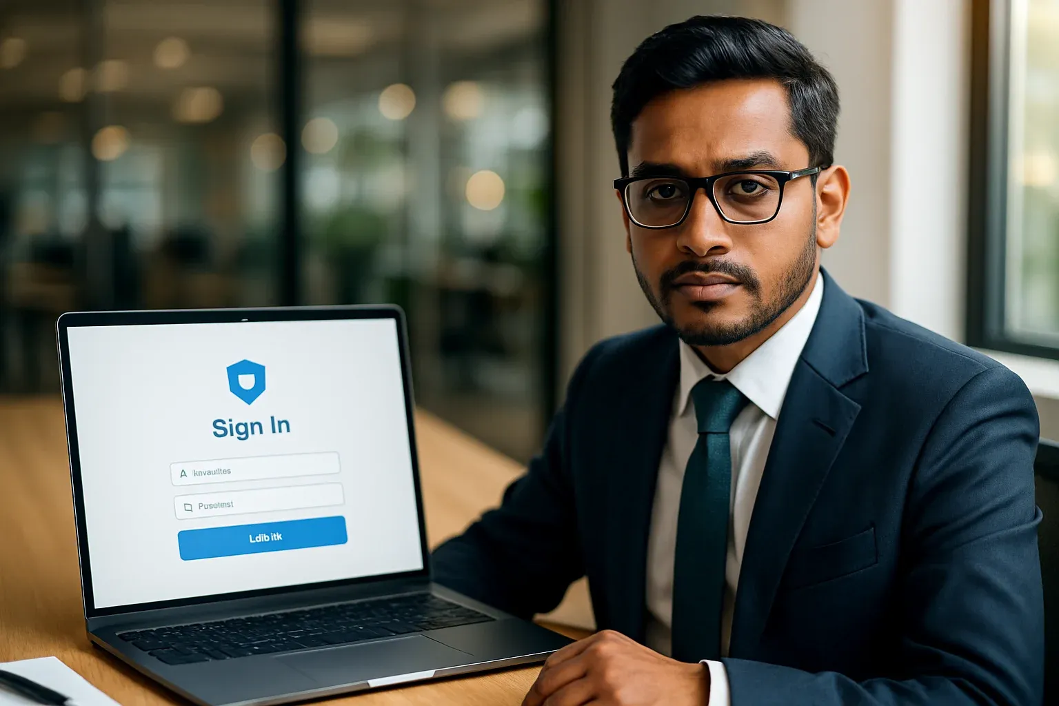 Bangladeshi professional at desk with laptop showing sign-in interface