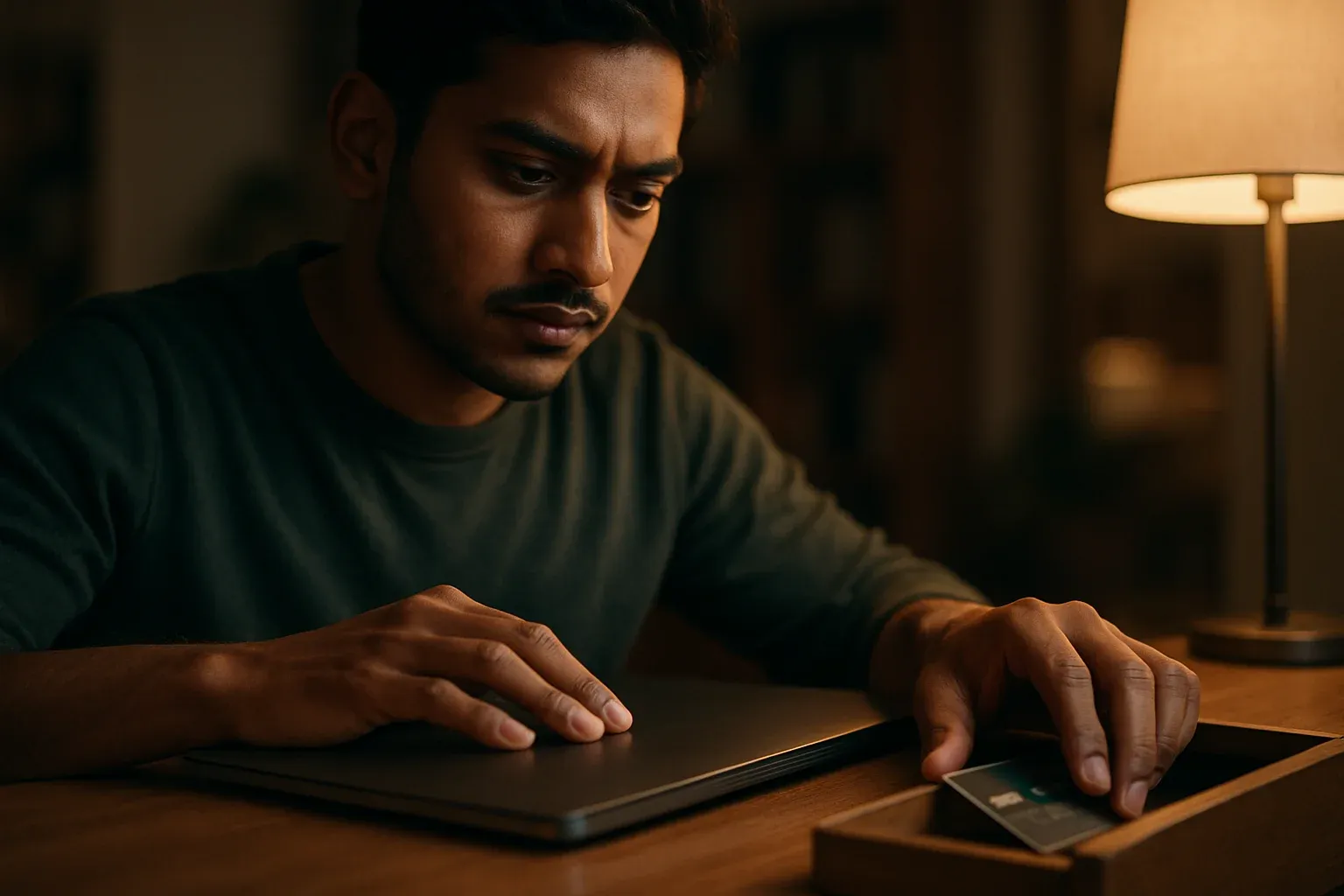 Bangladeshi man sets credit card aside at desk for budget control