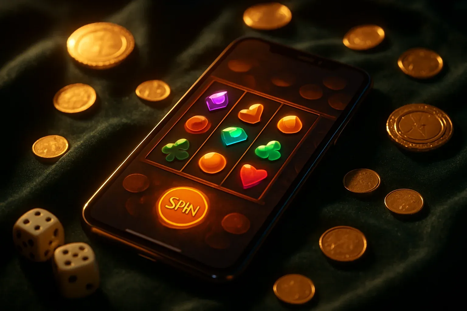 Smartphone showing mobile slot reels with chips, coins, dice on emerald velvet